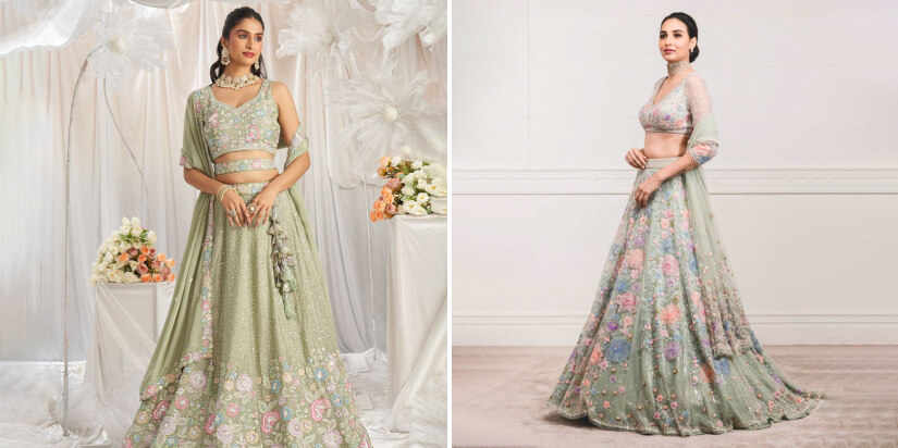 Mint Green Lehenga with Floral Design_