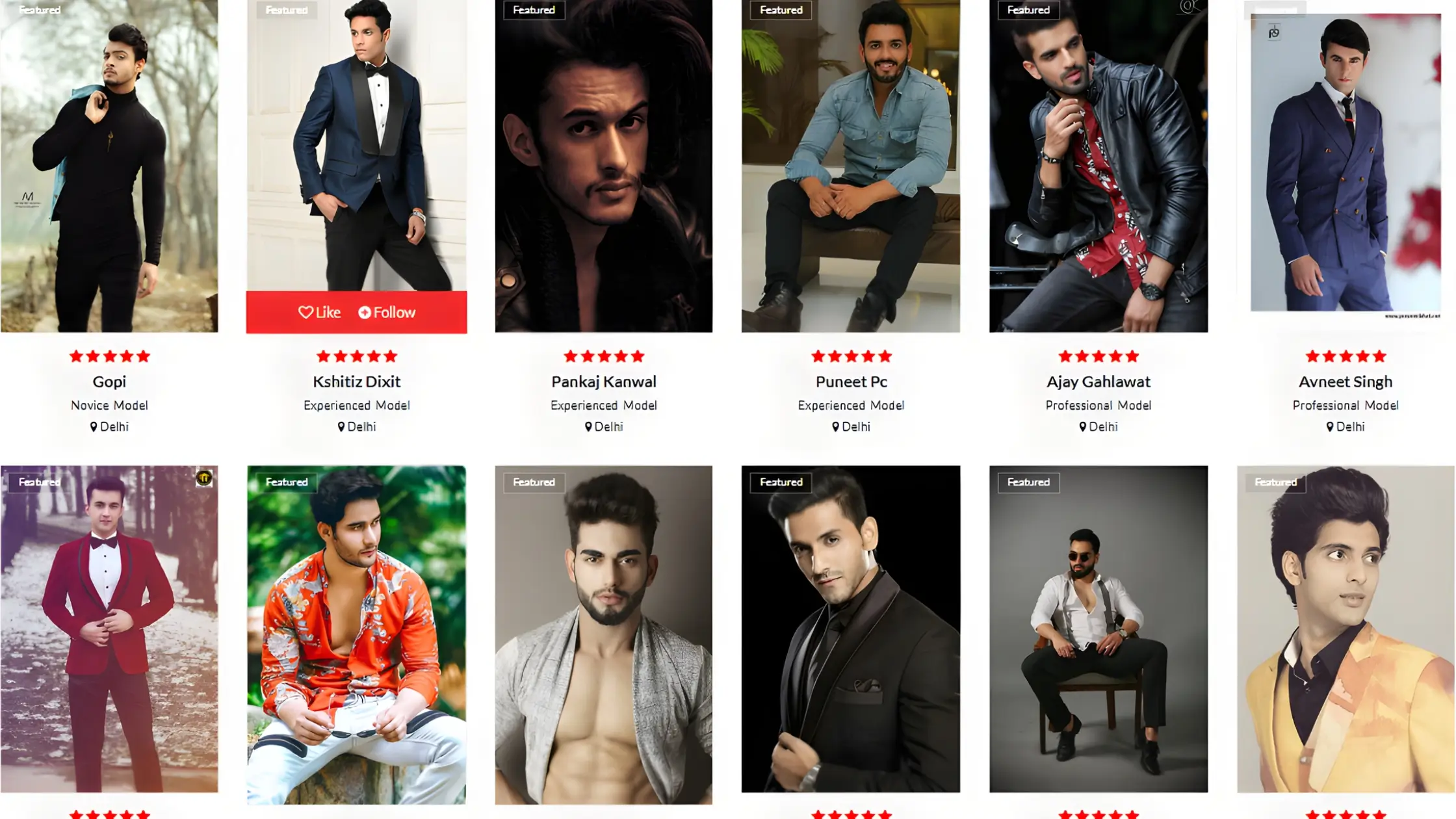 Dazzlerr platform screenshot featuring Indian Male Models profiles with photos and talent details for casting opportunities