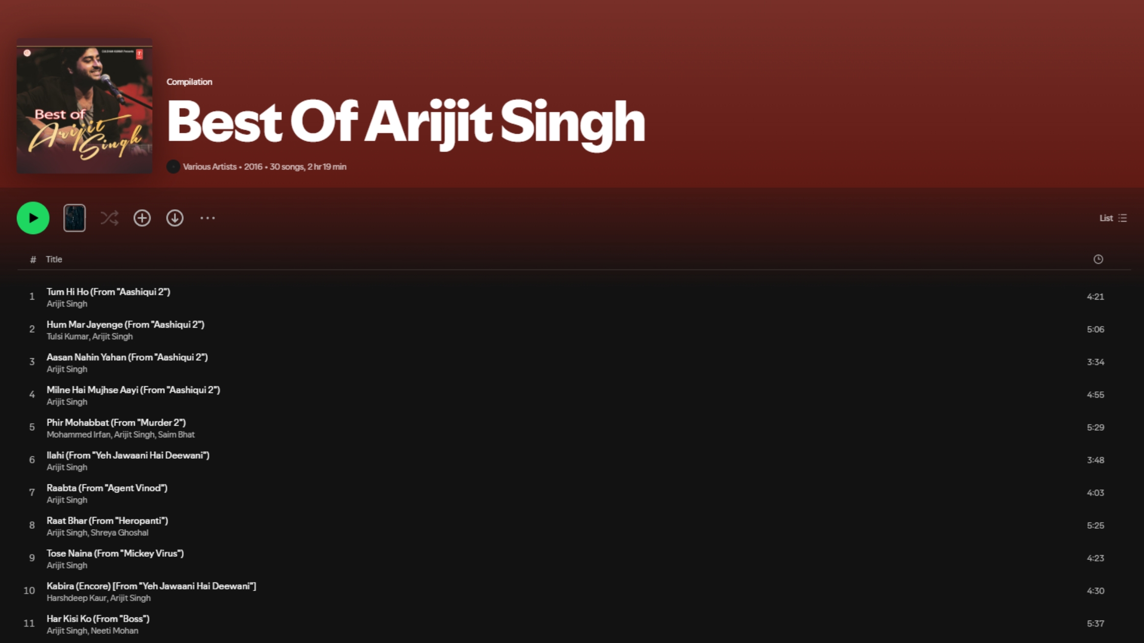 Arijit Singh Top 10 Songs on Spotify